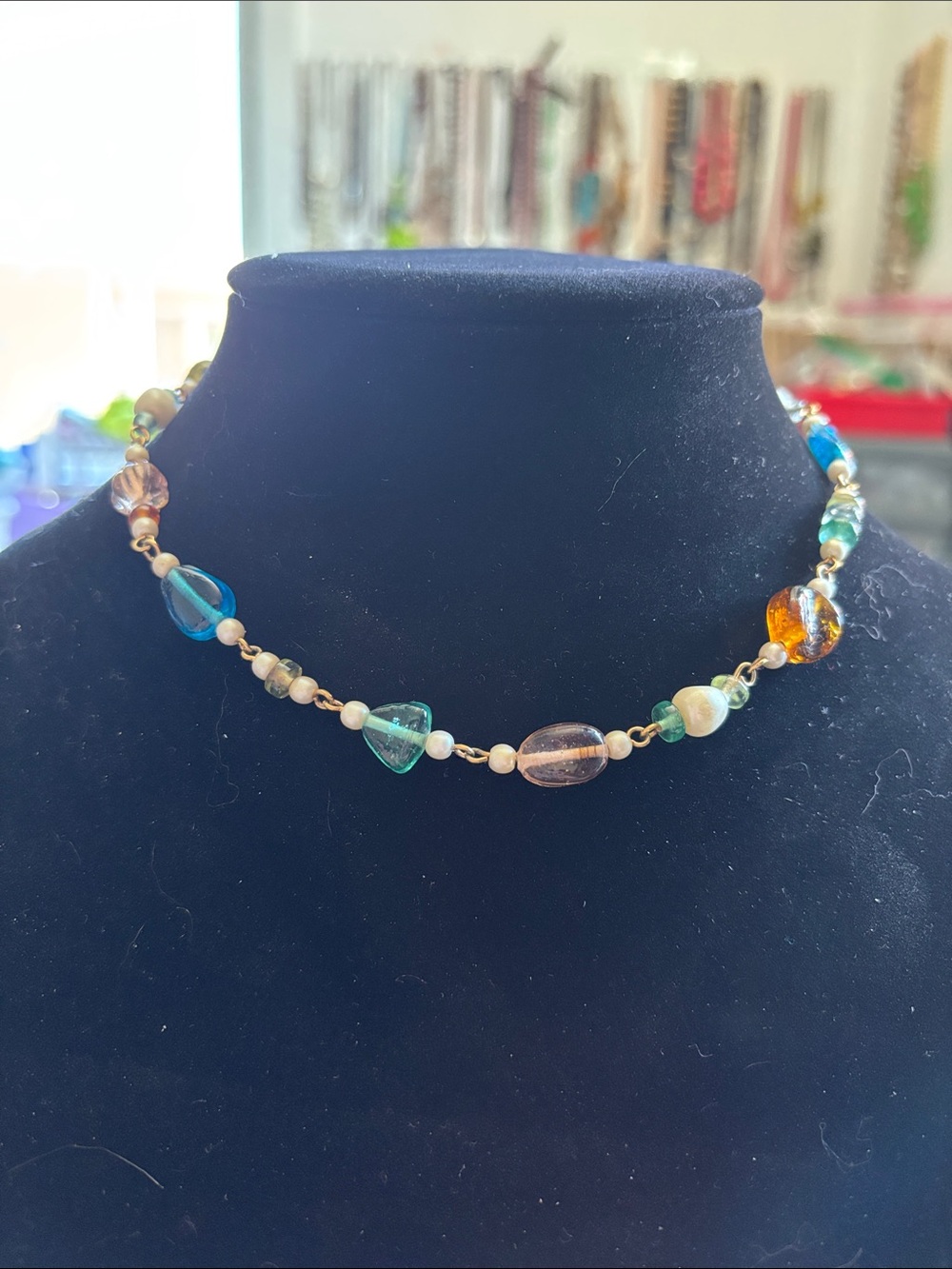 Anne Klein Multicolor Glass Bead Choker with Teal and Amber Accents